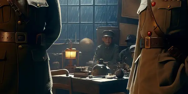 A tense confrontation between Zhang Xueliang and Chiang Kai-shek in a dimly lit room during the Xi'an Incident.