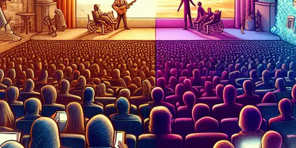 A split-screen scene contrasting a classic movie theater with an interactive digital landscape, showcasing engaged viewers making storyline choices.