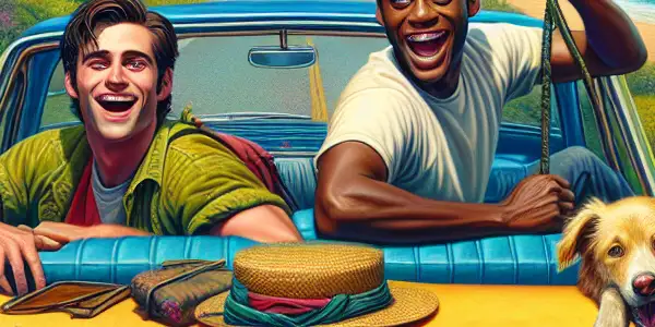 Two young men in a vintage car on a coastal road trip, surrounded by playful elements and a joyful atmosphere.