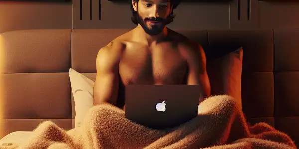 Cozy bedroom with a person snuggled in a blanket, snacks, and movie posters, creating a relaxed movie-watching atmosphere.