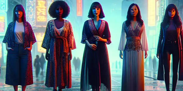 A diverse group of resilient women on a neon-lit urban street at dusk, reflecting shared experiences and struggles.