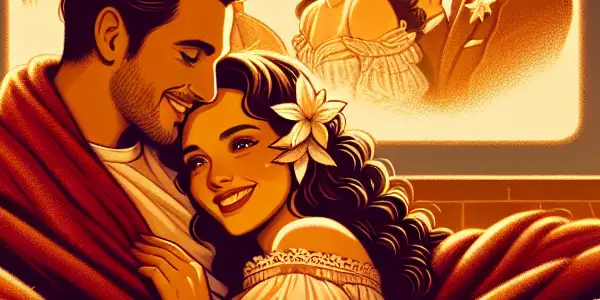 A cozy living room scene with a couple enjoying classic films, surrounded by blankets, popcorn, and fairy lights.