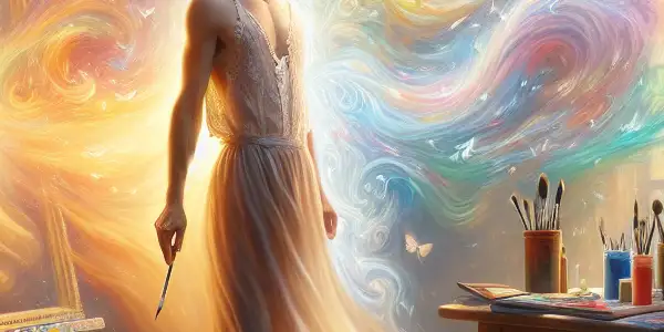 A male character in a flowing dress reflects on gender transformation in a vibrant painter's studio.