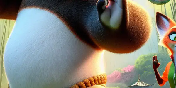 Po the panda and Xiao Zhen the fox pose confidently in a vibrant valley, facing a menacing chameleon antagonist.