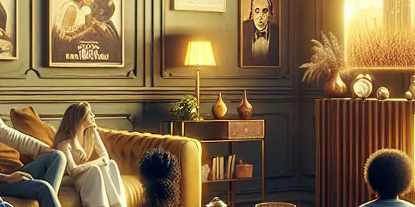 A cozy home theater filled with diverse viewers, immersed in a classic romantic film, surrounded by film posters and snacks.