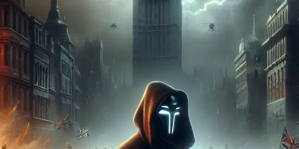 A masked figure leads a diverse crowd in a dystopian London, rallying against oppression amid chaos and explosions.