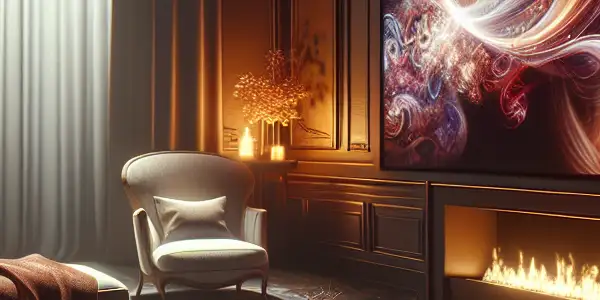 Cozy, intimate room with plush furniture, warm lighting, and a high-definition screen for exclusive audiovisual experiences.