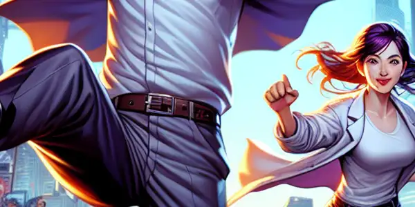 A charismatic detective and his clever partner engage in a humorous chase through a bustling urban environment.