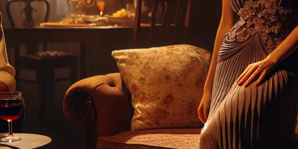 A young man and an alluring woman share a tense moment in a dimly lit living room.