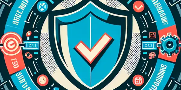 Infographic illustrating digital privacy and security with a shield, multimedia icons, and safety checklists for online content.