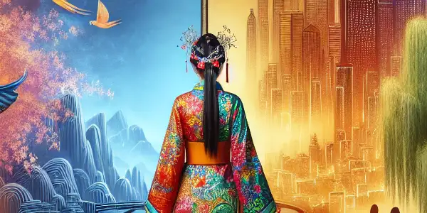 Pan Jinlian stands at a crossroads between an ancient landscape and a modern urban environment, symbolizing her past and present.