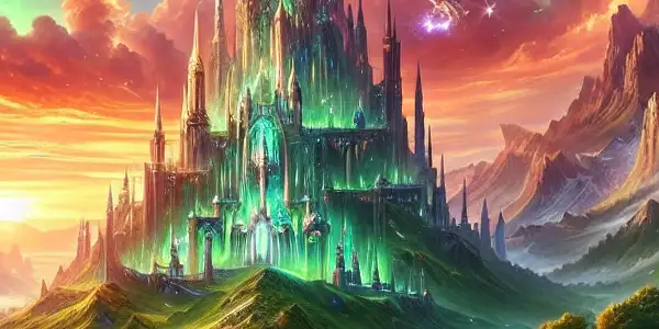 A mystical landscape featuring a crystal castle, ancient mountains, whimsical creatures, and a sparkling river at sunset.