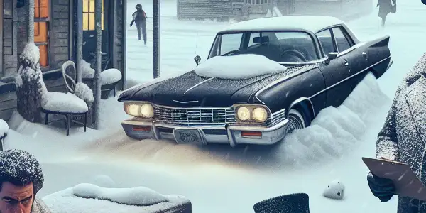 A tense encounter between a worried car salesman and a determined policewoman in a snowy Minnesota town.
