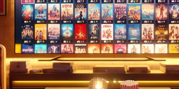 Cozy living room with a large TV showing an online movie platform, popcorn, and a starry night outside.