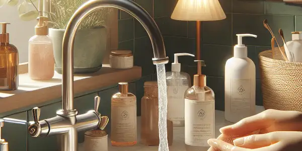 A serene bathroom scene showcasing hands washing with gentle cleanser, surrounded by natural products and soothing decor.