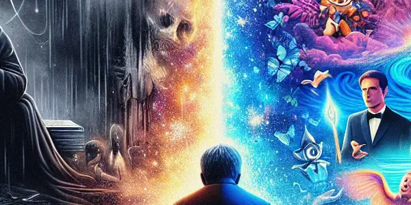 A vibrant collage contrasting the somber themes of "Oppenheimer" with the whimsical joy of "Barbie."