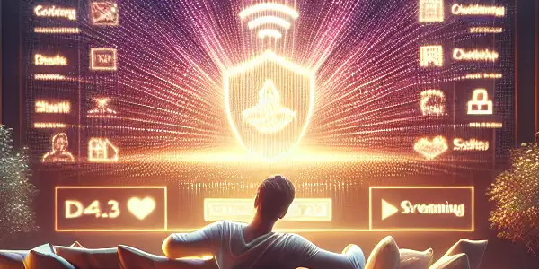 A cozy living room with a person streaming movies on a large screen, surrounded by plants and books.