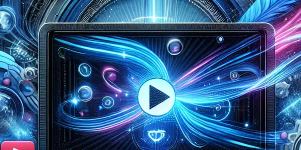 A futuristic computer interface featuring a high-definition adult video player with vibrant thumbnails and dynamic motion effects.