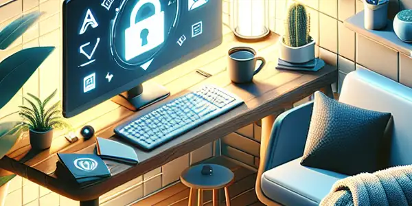 A cozy room with a laptop displaying a friendly adult website, emphasizing digital exploration and privacy.