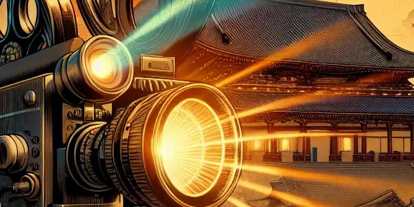 A modern film projector illuminates a vintage cinema screen amidst nostalgic elements and a blend of traditional and contemporary Japanese cityscapes.