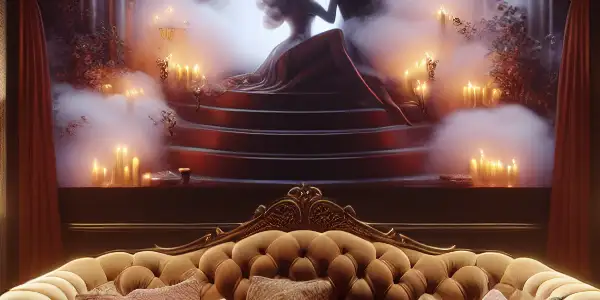 A dimly lit luxurious room with a cozy couch, elegant drink, and abstract imagery evoking romance and intrigue.