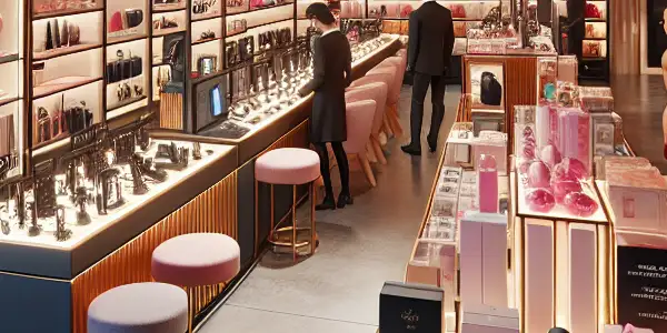 A modern adult novelty store featuring sleek displays of toys and lingerie, with diverse customers exploring a warm, inviting atmosphere.