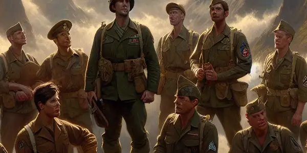 A group of 1980s volunteer soldiers shares a moment of camaraderie in a mountainous landscape, embodying resilience and hope.