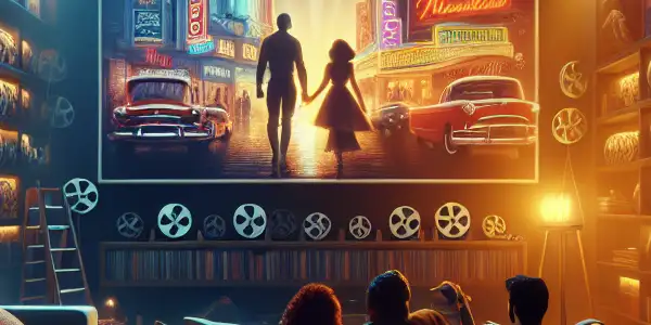 A cozy home theater filled with vintage film posters, snacks, and a large screen displaying a classic independent film.