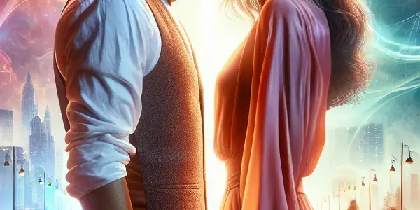 Main characters on a bridge, embodying love and longing, against a skyline merging urban and ethereal landscapes.