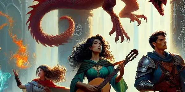 A diverse group of adventurers faces a menacing red dragon and an evil wizard in a dark dungeon.