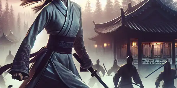 A determined young woman in traditional martial arts attire confronts enemies at a dark, misty camp at dusk.