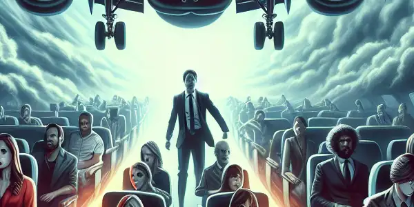 An airplane in mid-air surrounded by stormy clouds, with anxious passengers and a calm hero confronting danger.