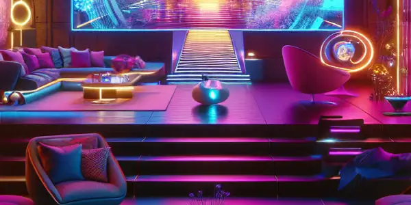 A luxurious, futuristic living room designed for adult entertainment, featuring a large screen and advanced technology.