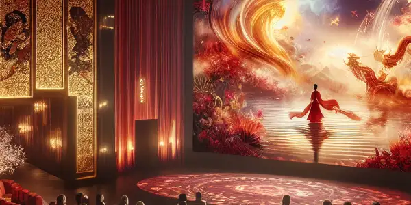 A luxurious private cinema celebrating the Year of the Dragon, featuring an artistic screen and festive Eastern decorations.