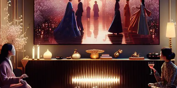 A luxurious room with plush furniture, a vibrant entertainment system, and a diverse group discussing adult films.