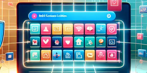 A modern digital workspace featuring a laptop displaying colorful adult film thumbnails, symbolizing efficiency and safety.