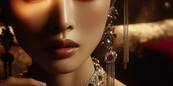 A glamorous Japanese actress in a luxurious setting, radiating elegance and allure with sparkling jewelry.