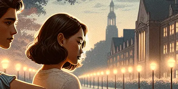 Two young lovers sit on a bench under cherry blossom trees at twilight, capturing the essence of first love and nostalgia.