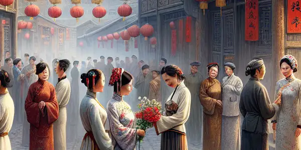 A nostalgic small town scene during the Cultural Revolution, featuring women in traditional attire and vibrant market life.