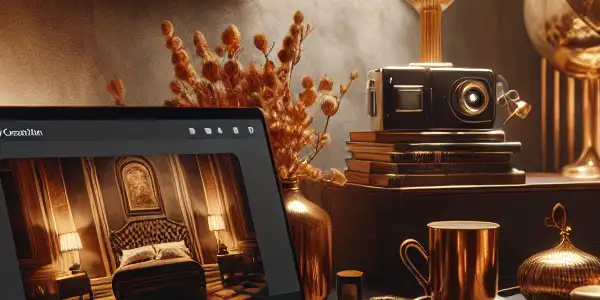 A modern home office with a laptop displaying Japanese AV film, emphasizing comfort, privacy, and luxury.