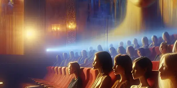A diverse group of women watching an abstract, sensual film in an elegant, dimly lit cinema.