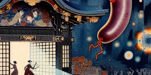 A whimsical, dark scene featuring human figures as sausages in a surreal Japanese-inspired film set.