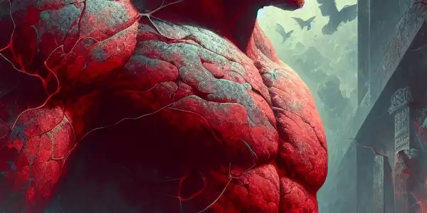 Hellboy stands confidently in a dark, mystical landscape, surrounded by supernatural elements and remnants of a war-torn past.