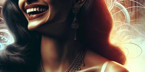 A captivating woman in elegant lingerie smiles alluringly, hinting at danger amidst a surreal, luxurious bedroom setting.