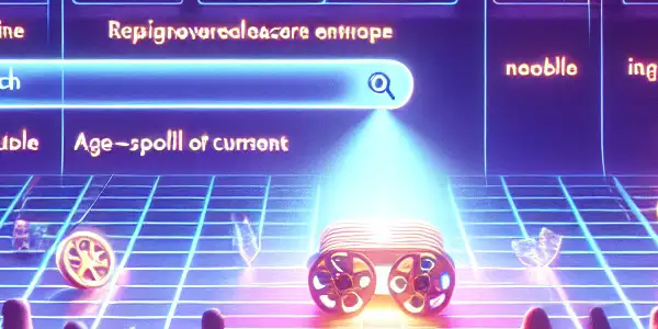 A futuristic digital library featuring iconic Japanese adult film covers and vibrant video thumbnails with a glowing search bar.