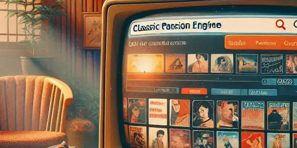 A vintage computer interface displaying colorful thumbnails of classic adult films in a cozy, nostalgic setting.