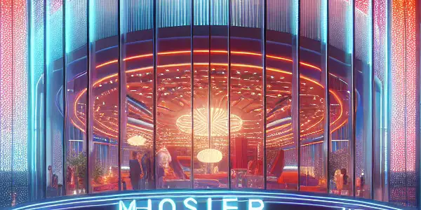 A modern cinema with sleek architecture, neon lights, and a lively lobby filled with diverse adults selecting movie tickets.