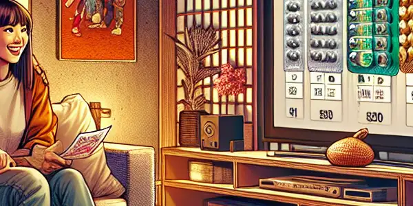 A cozy living room scene with a couple preparing to watch an adult film, featuring contraceptive products and cultural hints.