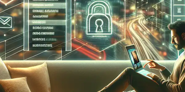 A cozy living room with a person browsing safe adult film resources on a laptop, emphasizing privacy and comfort.