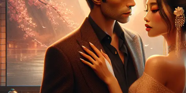 A romantic couple embraces in a luxurious, softly lit room adorned with red and gold decor.